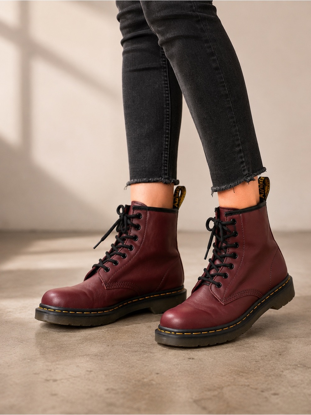 Dr. Martens Burgundy Leather Lace-Up Combat Boots with Yellow Stitching!